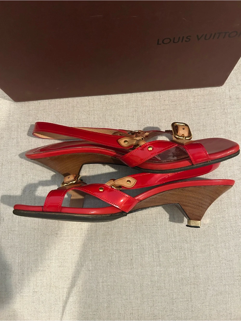 Louis Vuitton Patent Leather Red Slingback Sandals with Gold Accents - Picture 2 of 8